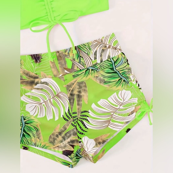Neon Green Drawstring V Neck/Side Tie Boxer Shorts 2Pc Bikini Set - Picture 6 of 6